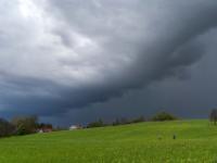 Dunkle Gewitterwolken Front über grüner Löwenzahnwiese